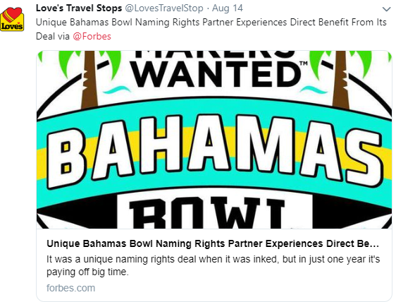 Loves Twitter Account Shares Forbes Article on Bahamas Bowl